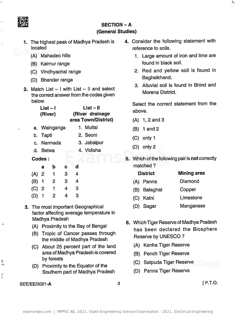 MPPSC AE 2021 question paper, State Engineering Service Examination - 2021, Electrical Engineering, page 3 of 32