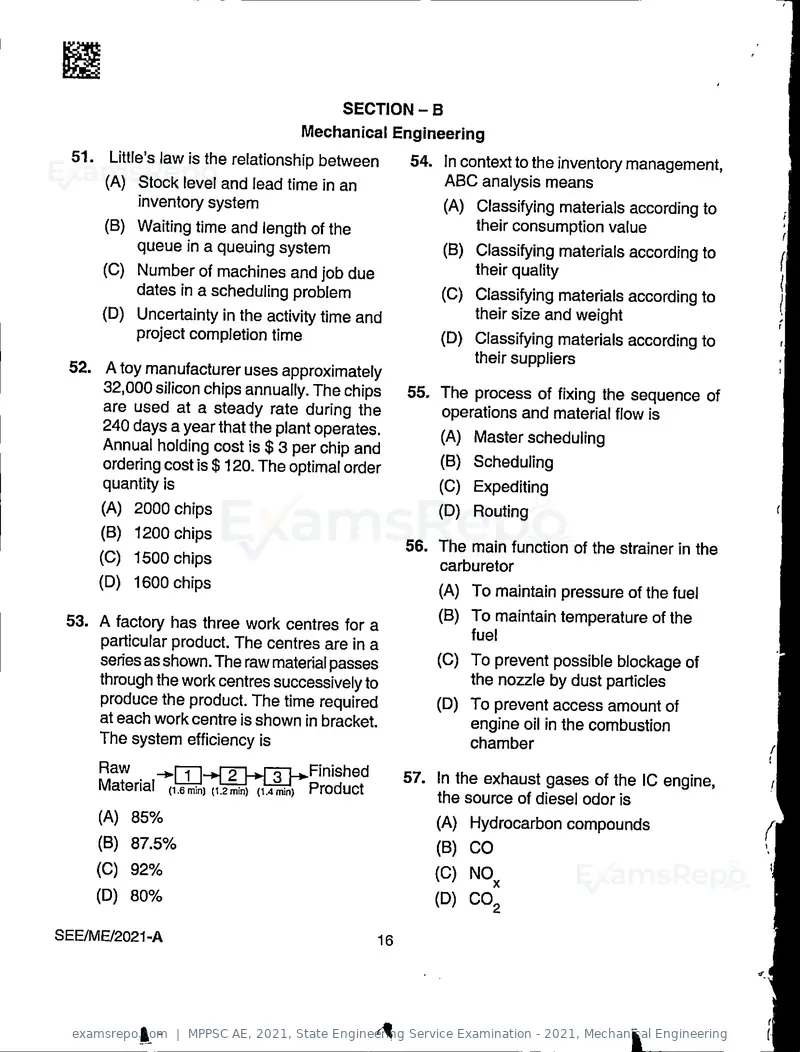 MPPSC AE 2021 question paper, State Engineering Service Examination - 2021, Mechanical Engineering, page 16 of 32