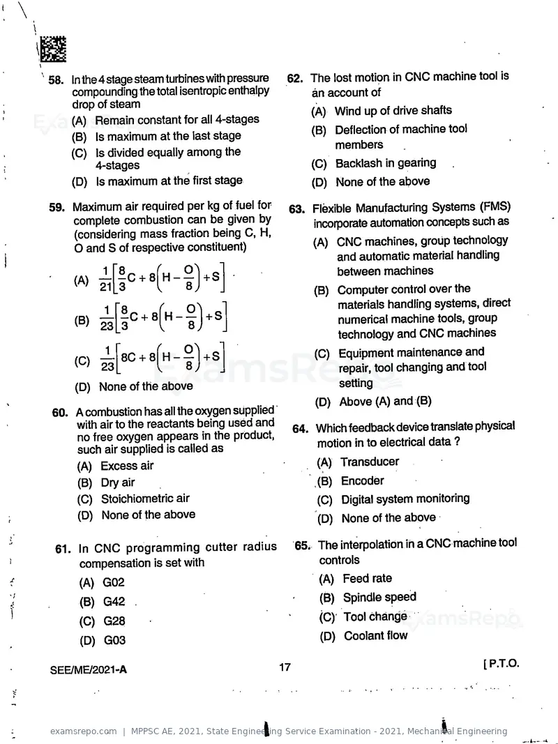 MPPSC AE 2021 question paper, State Engineering Service Examination - 2021, Mechanical Engineering, page 17 of 32