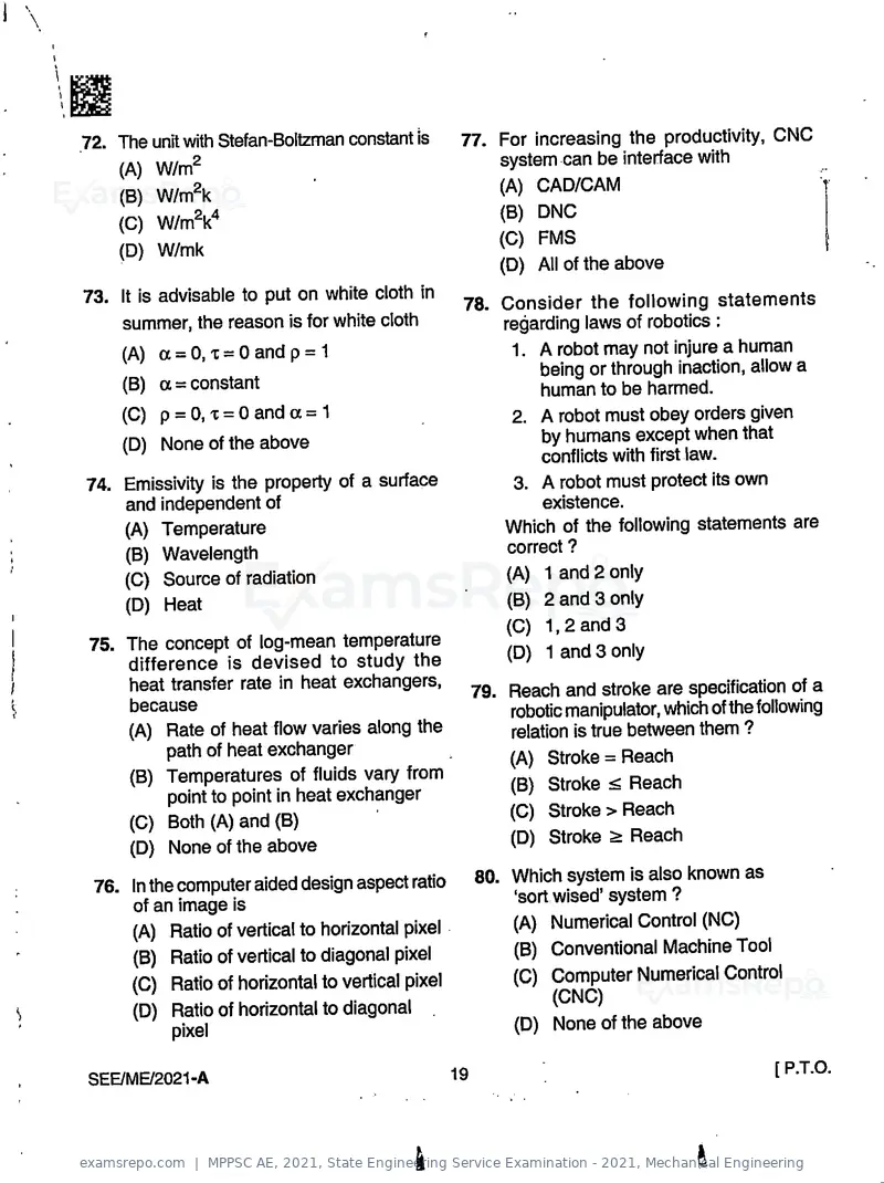 MPPSC AE 2021 question paper, State Engineering Service Examination - 2021, Mechanical Engineering, page 19 of 32