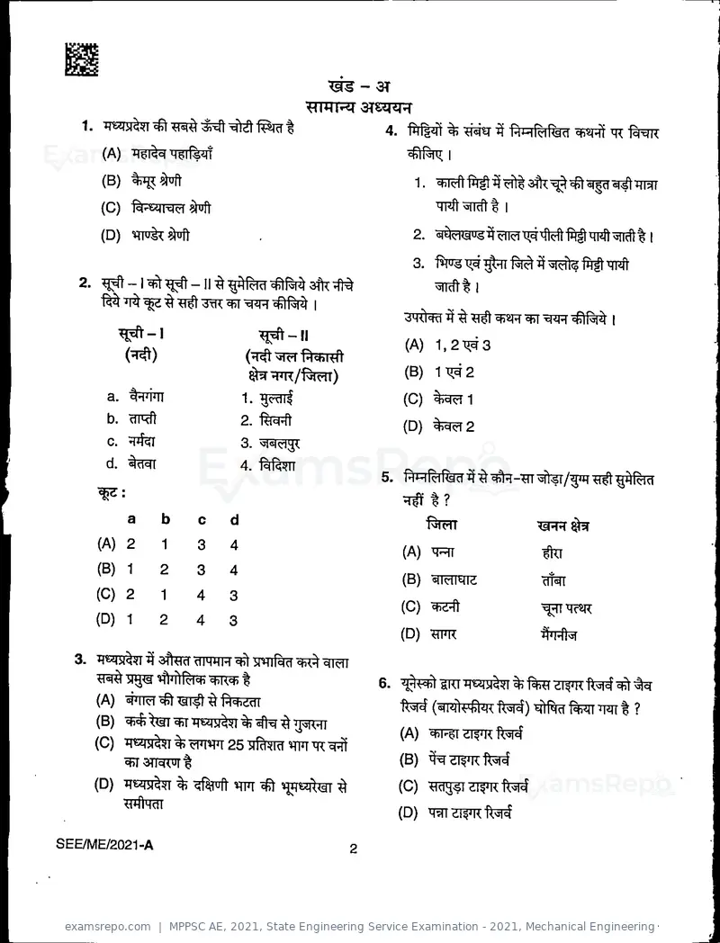 MPPSC AE 2021 question paper, State Engineering Service Examination - 2021, Mechanical Engineering, page 2 of 32