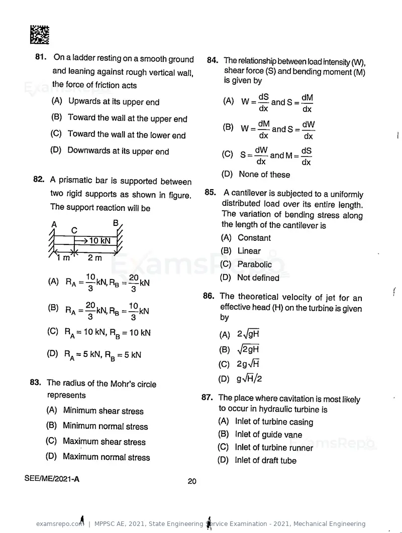MPPSC AE 2021 question paper, State Engineering Service Examination - 2021, Mechanical Engineering, page 20 of 32