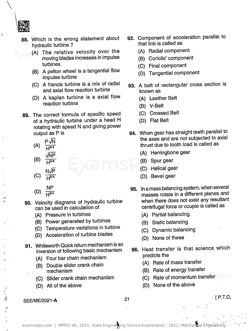 MPPSC AE 2021 question paper, State Engineering Service Examination - 2021, Mechanical Engineering, page 21 of 32
