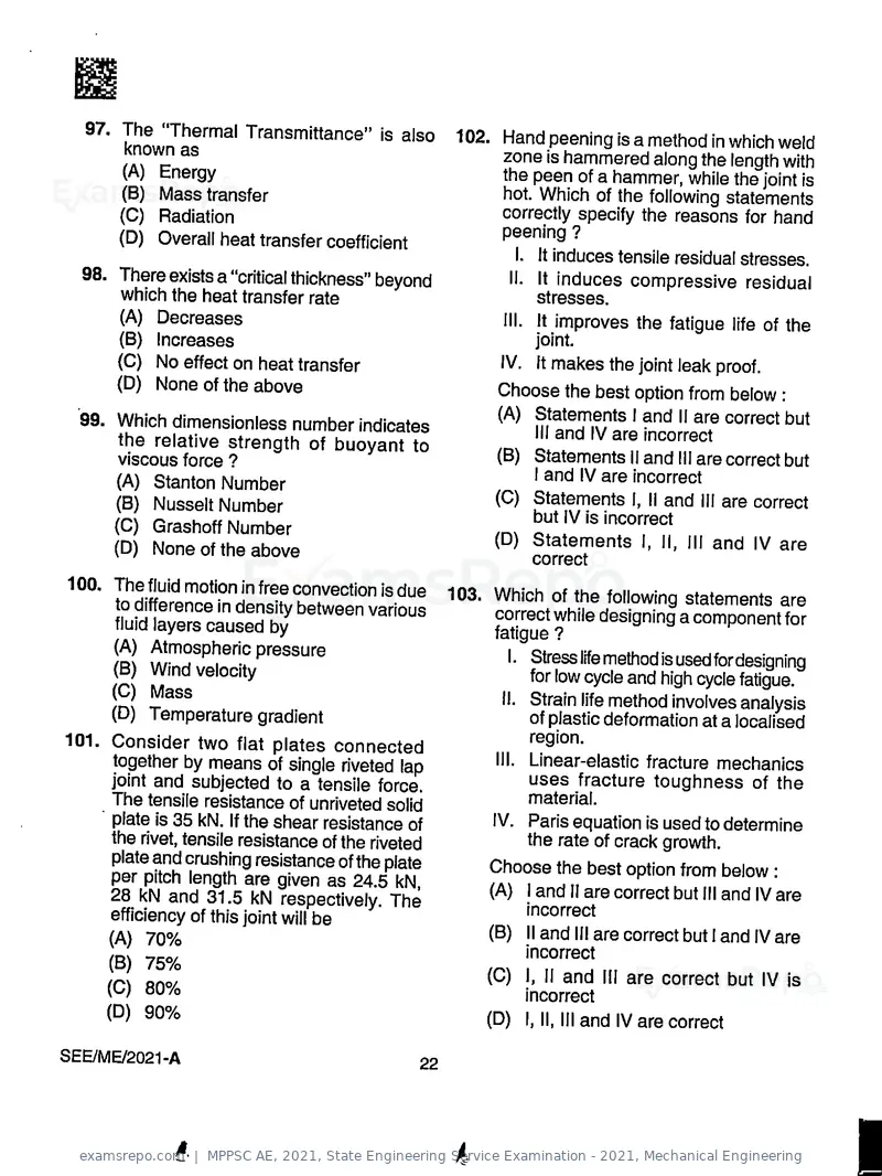 MPPSC AE 2021 question paper, State Engineering Service Examination - 2021, Mechanical Engineering, page 22 of 32
