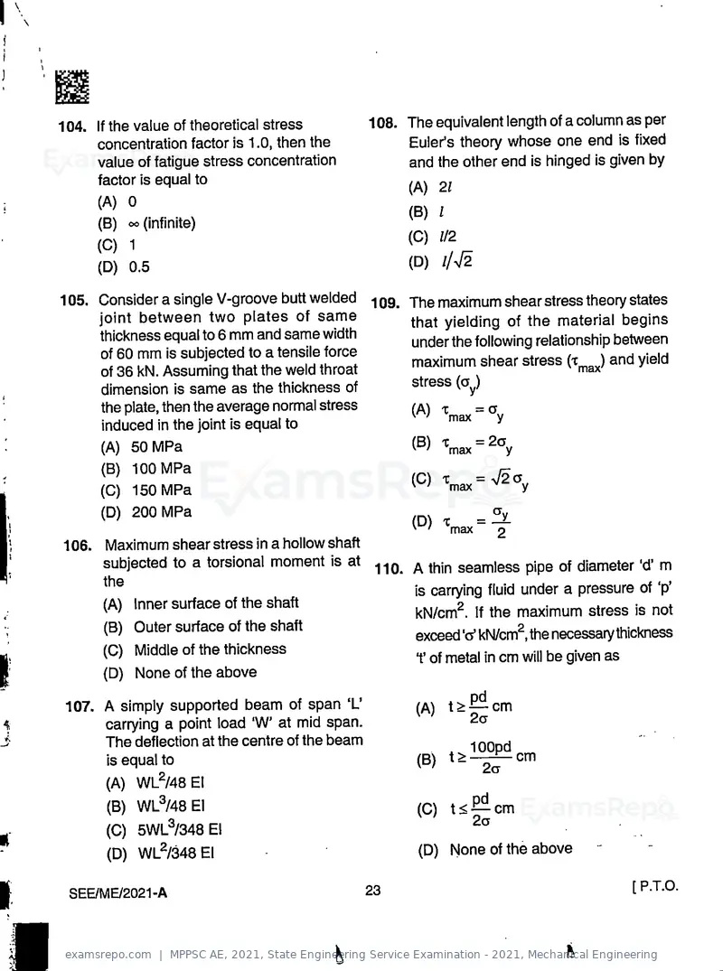 MPPSC AE 2021 question paper, State Engineering Service Examination - 2021, Mechanical Engineering, page 23 of 32