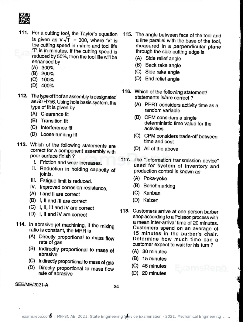 MPPSC AE 2021 question paper, State Engineering Service Examination - 2021, Mechanical Engineering, page 24 of 32