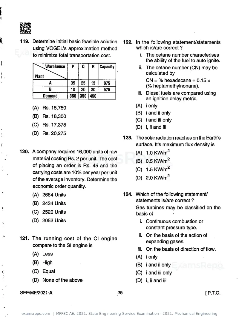 MPPSC AE 2021 question paper, State Engineering Service Examination - 2021, Mechanical Engineering, page 25 of 32
