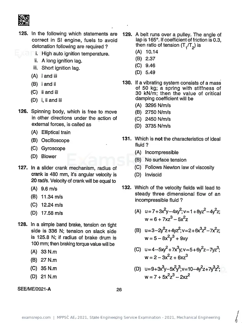 MPPSC AE 2021 question paper, State Engineering Service Examination - 2021, Mechanical Engineering, page 26 of 32