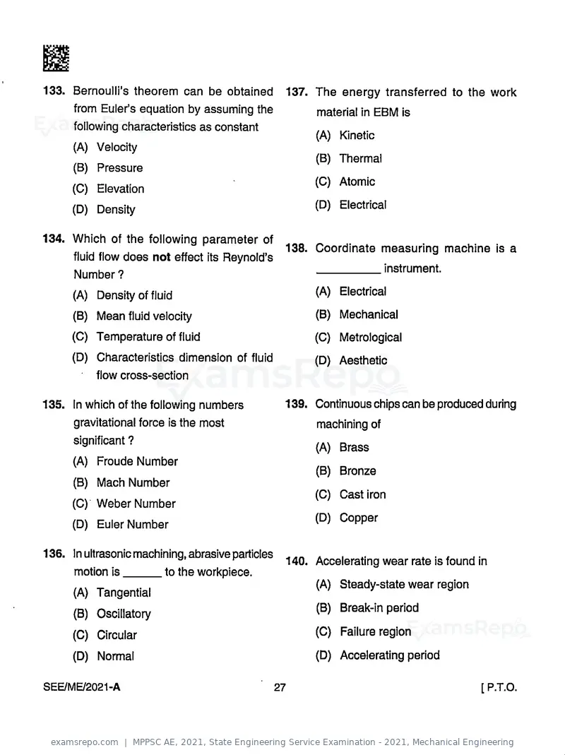 MPPSC AE 2021 question paper, State Engineering Service Examination - 2021, Mechanical Engineering, page 27 of 32