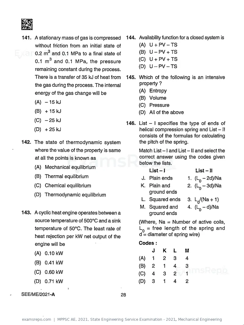 MPPSC AE 2021 question paper, State Engineering Service Examination - 2021, Mechanical Engineering, page 28 of 32