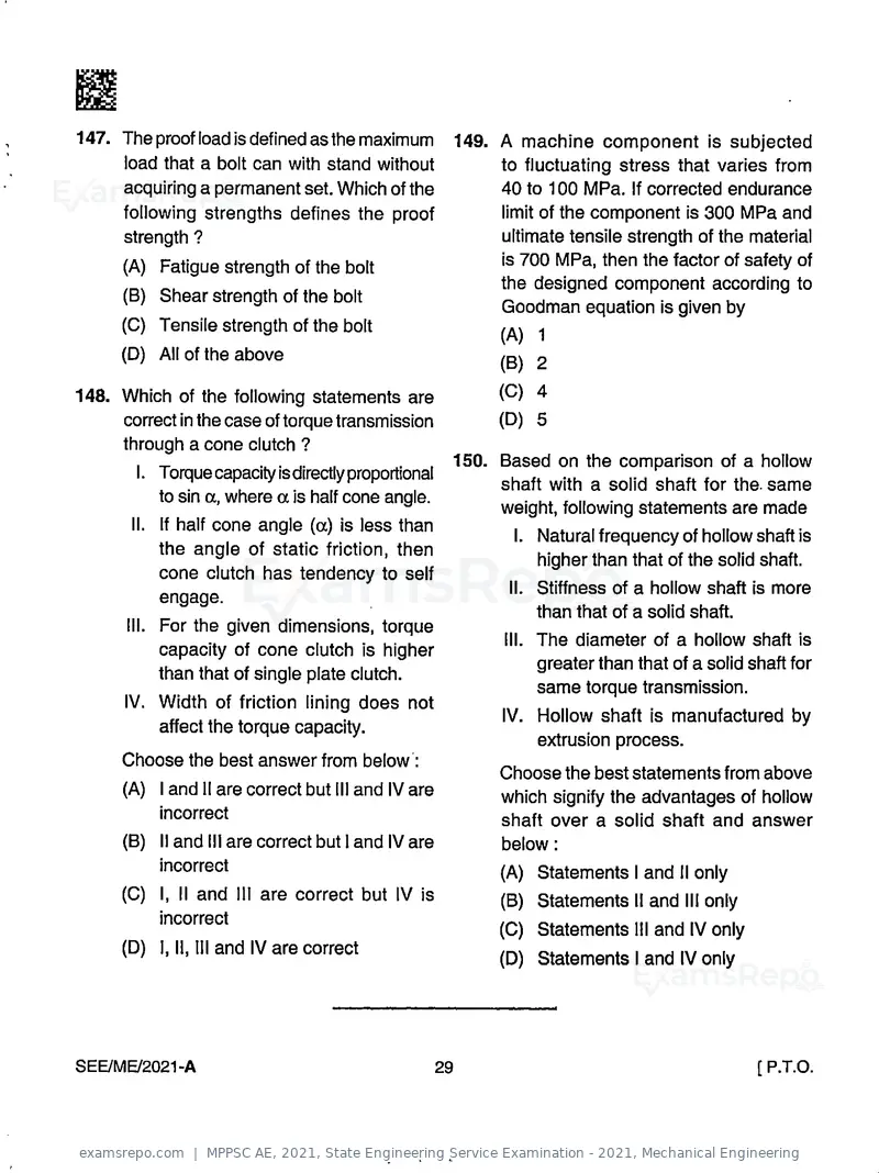 MPPSC AE 2021 question paper, State Engineering Service Examination - 2021, Mechanical Engineering, page 29 of 32