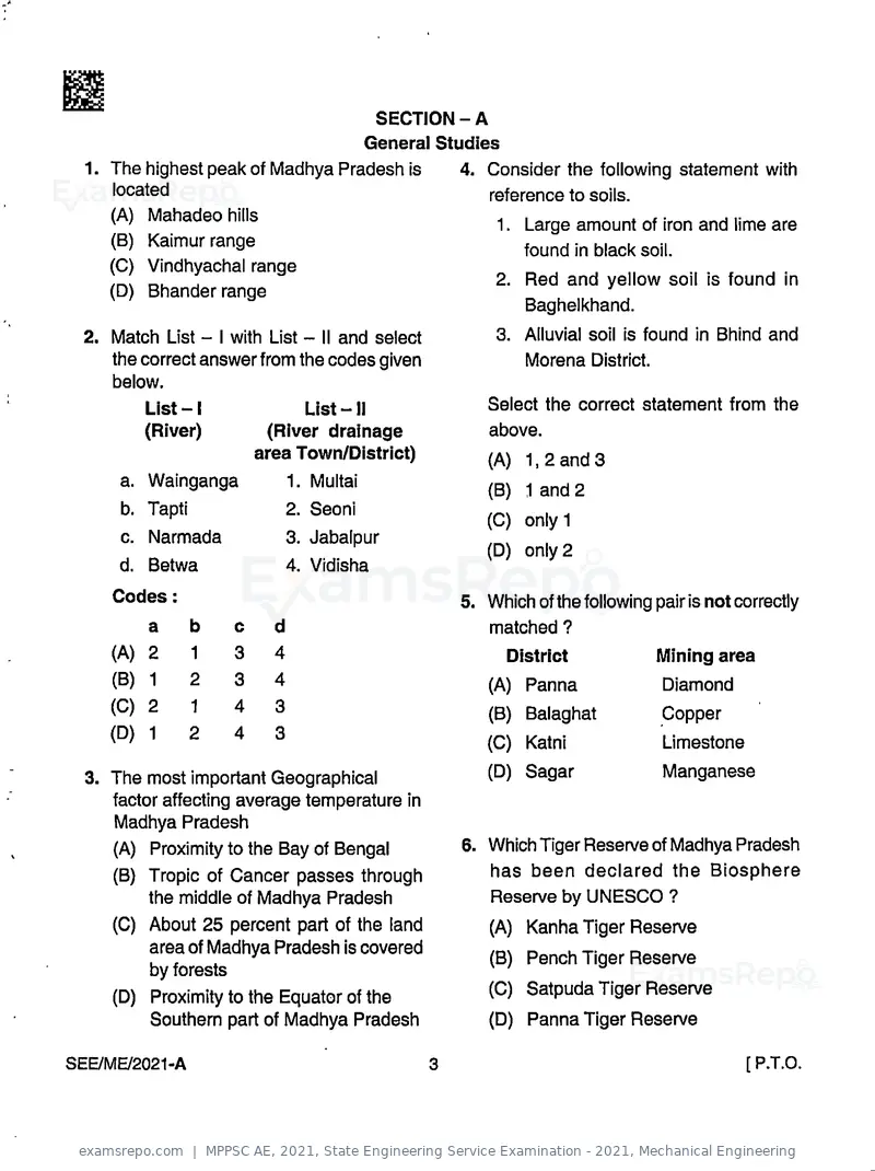 MPPSC AE 2021 question paper, State Engineering Service Examination - 2021, Mechanical Engineering, page 3 of 32