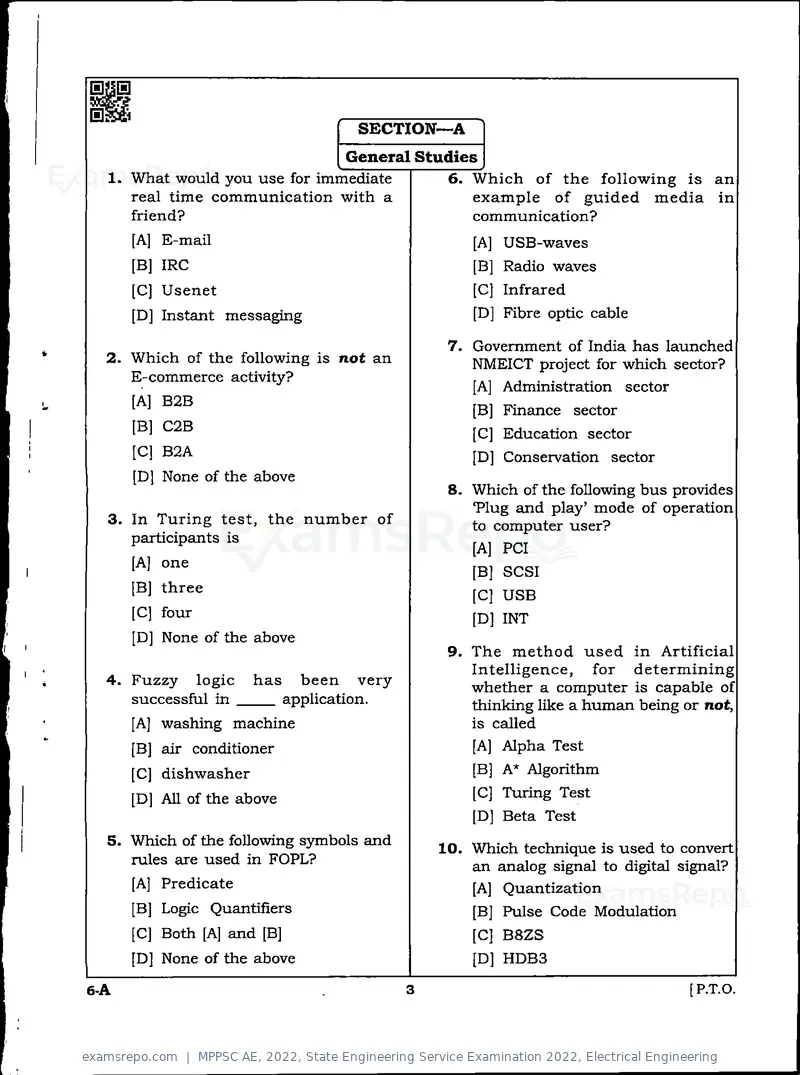 MPPSC AE 2022 question paper, State Engineering Service Examination 2022, Electrical Engineering, page 3 of 32