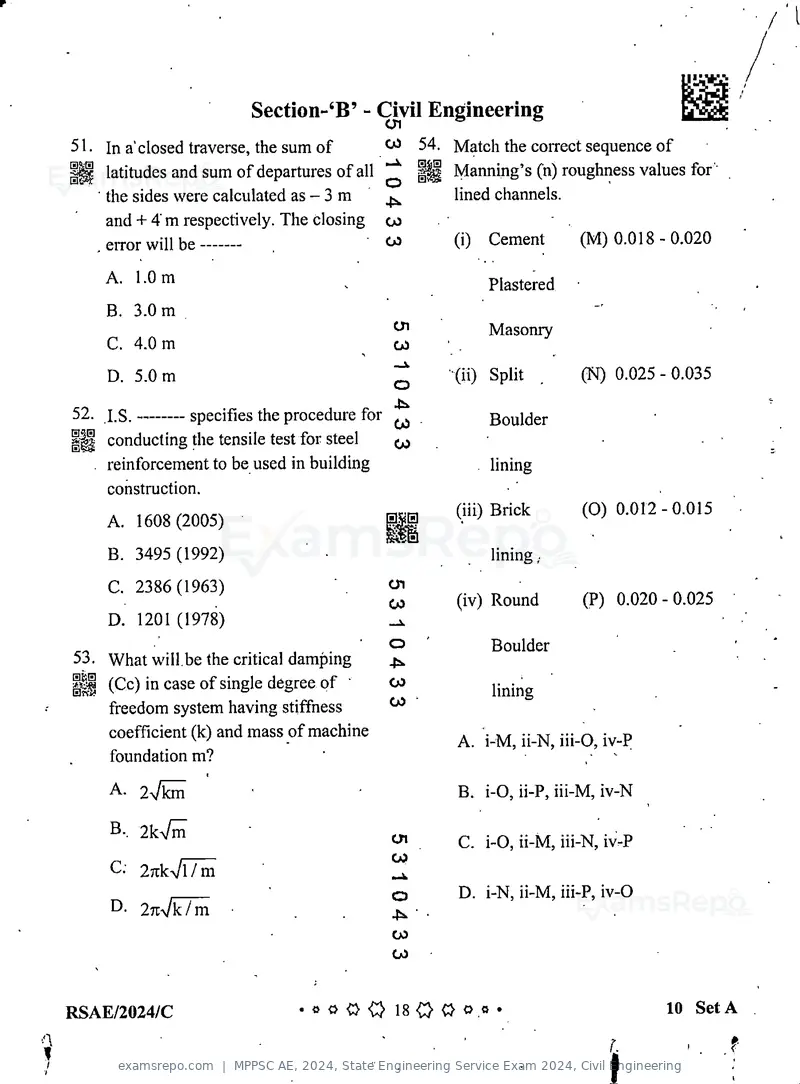 MPPSC AE 2024 question paper, State Engineering Service Exam 2024, Civil Engineering, page 18 of 40