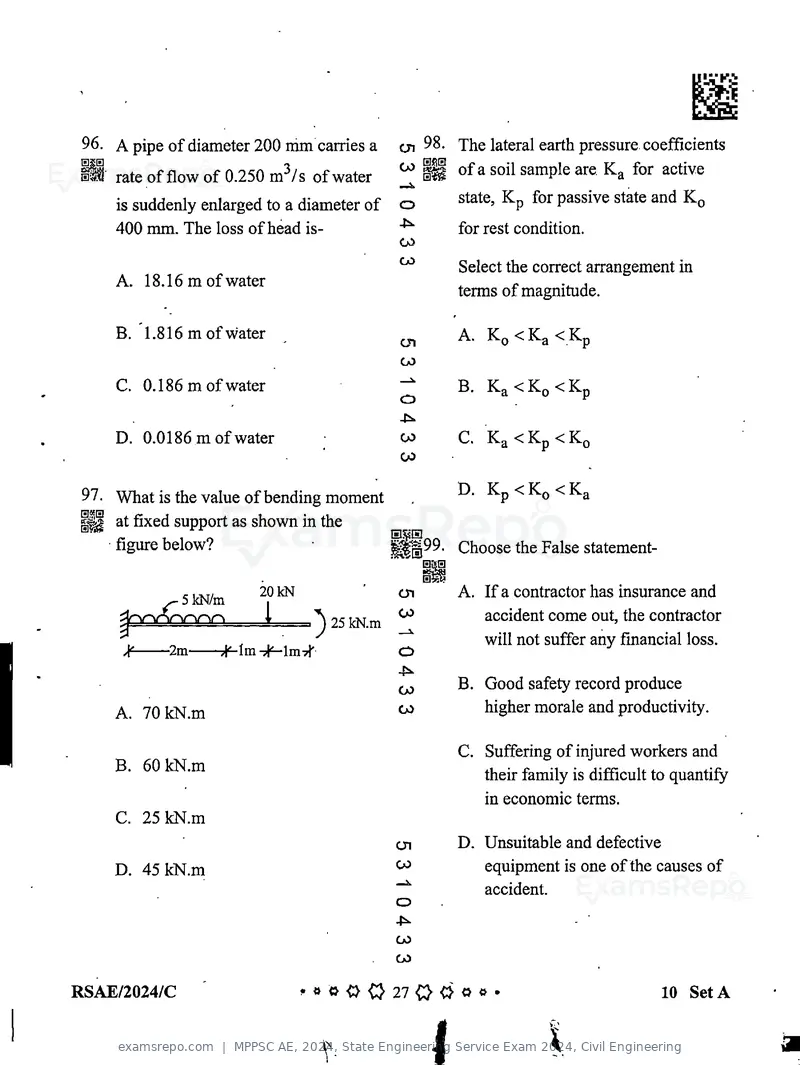 MPPSC AE 2024 question paper, State Engineering Service Exam 2024, Civil Engineering, page 27 of 40