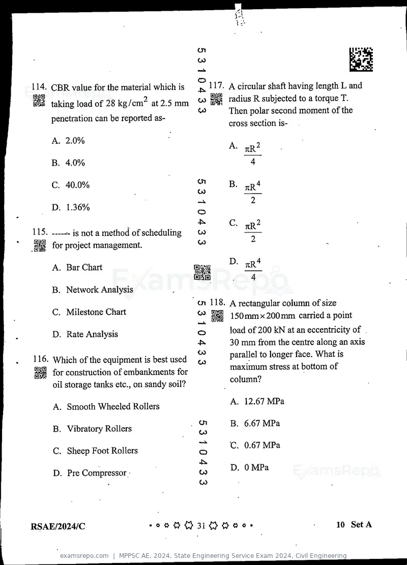 MPPSC AE 2024 question paper, State Engineering Service Exam 2024, Civil Engineering, page 31 of 40
