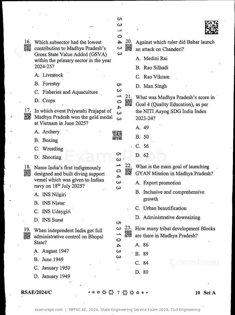 MPPSC AE 2024 question paper, State Engineering Service Exam 2024, Civil Engineering, page 7 of 40