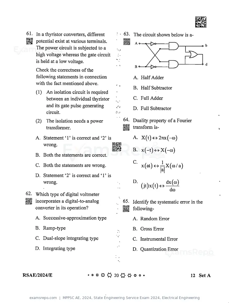 MPPSC AE 2024 question paper, State Engineering Service Exam 2024, Electrical Engineering, page 20 of 40