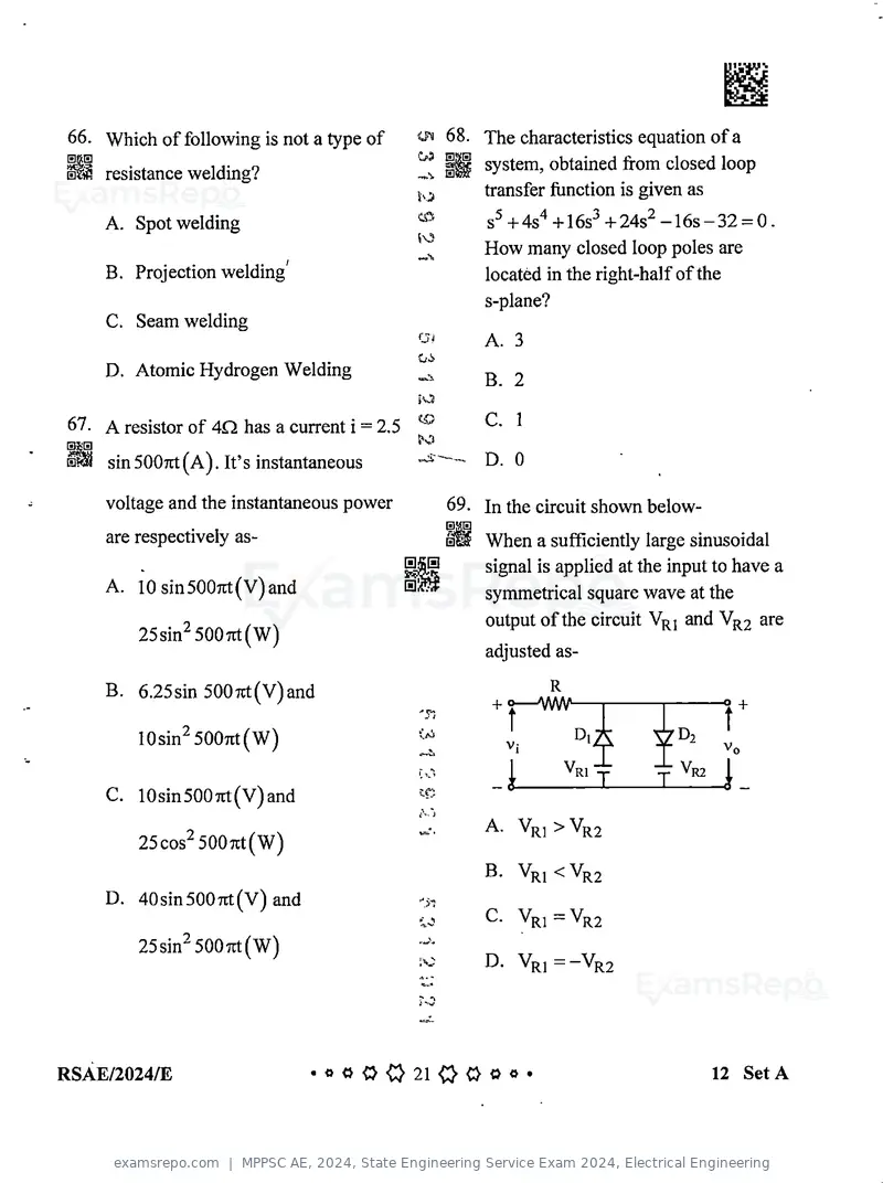 MPPSC AE 2024 question paper, State Engineering Service Exam 2024, Electrical Engineering, page 21 of 40