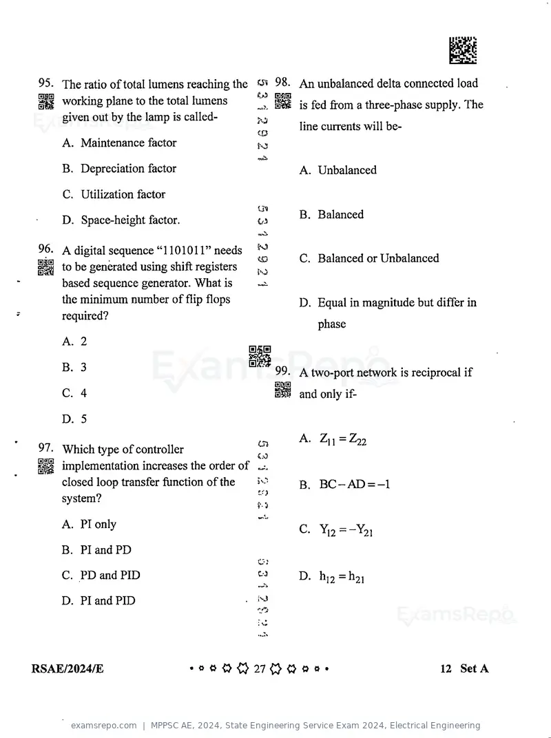 MPPSC AE 2024 question paper, State Engineering Service Exam 2024, Electrical Engineering, page 27 of 40
