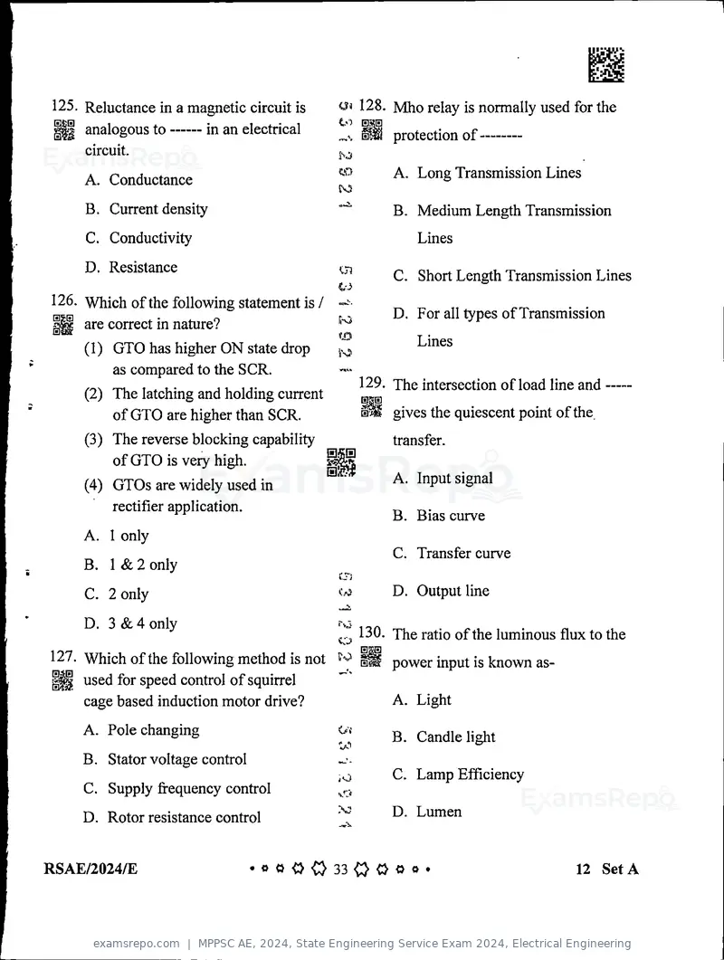 MPPSC AE 2024 question paper, State Engineering Service Exam 2024, Electrical Engineering, page 33 of 40