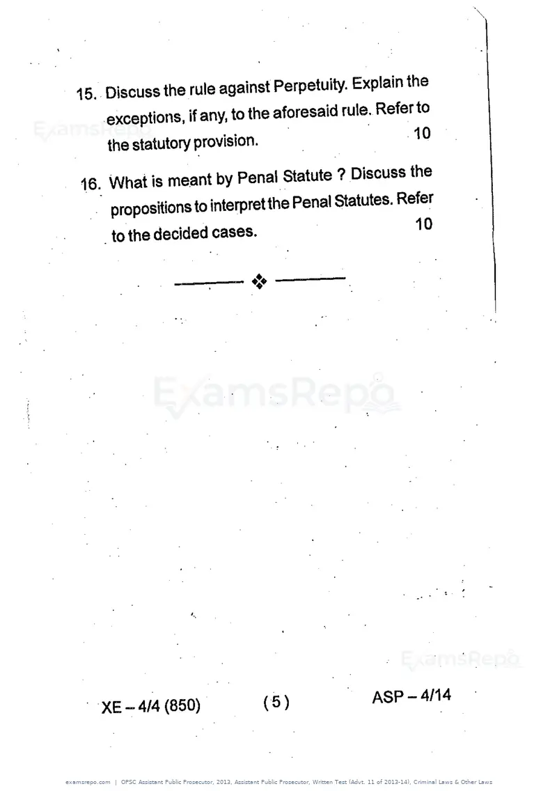 OPSC Assistant Public Prosecutor 2013 question paper, Assistant Public Prosecutor, Written Test (Advt. 11 of 2013-14), Criminal Laws & Other Laws, page 5 of 5