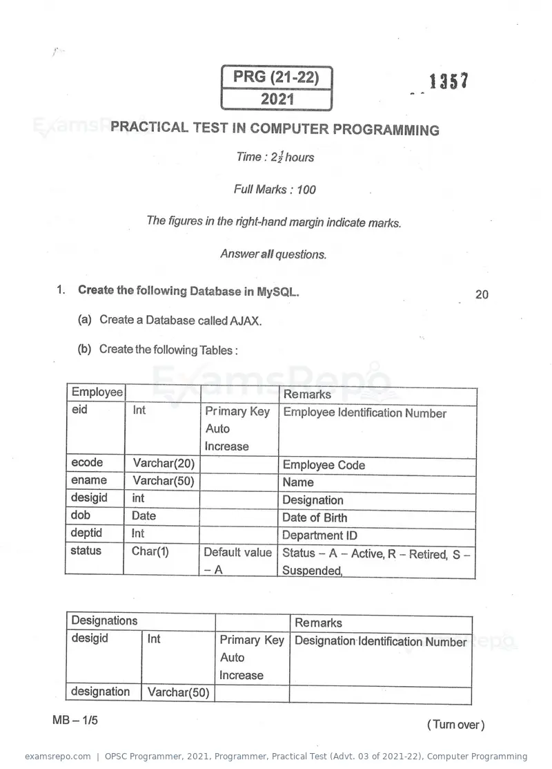 OPSC Programmer 2021 question paper, Programmer, Practical Test (Advt. 03 of 2021-22), Computer Programming, page 1 of 4