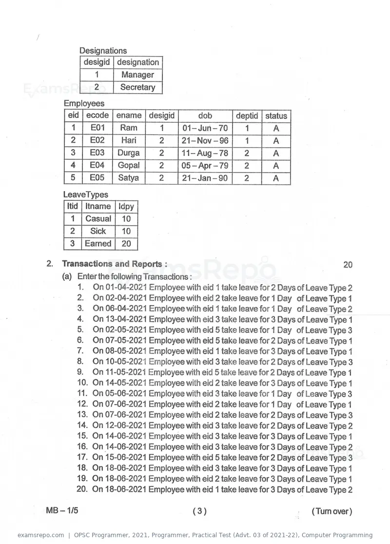 OPSC Programmer 2021 question paper, Programmer, Practical Test (Advt. 03 of 2021-22), Computer Programming, page 3 of 4