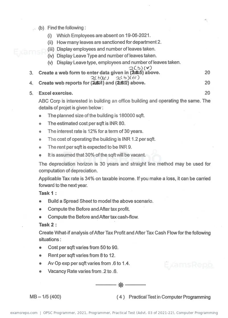 OPSC Programmer 2021 question paper, Programmer, Practical Test (Advt. 03 of 2021-22), Computer Programming, page 4 of 4