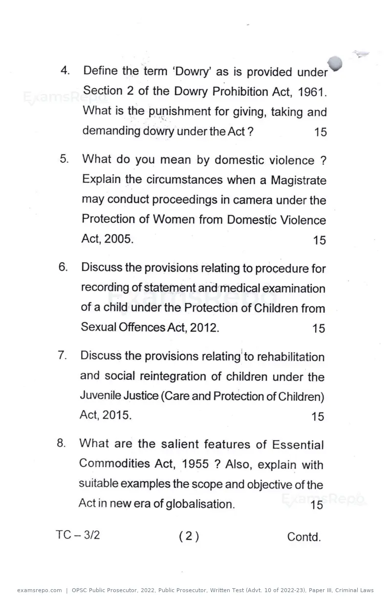 OPSC Public Prosecutor 2022 question paper, Public Prosecutor, Written Test (Advt. 10 of 2022-23), Paper III, Criminal Laws, page 2 of 4