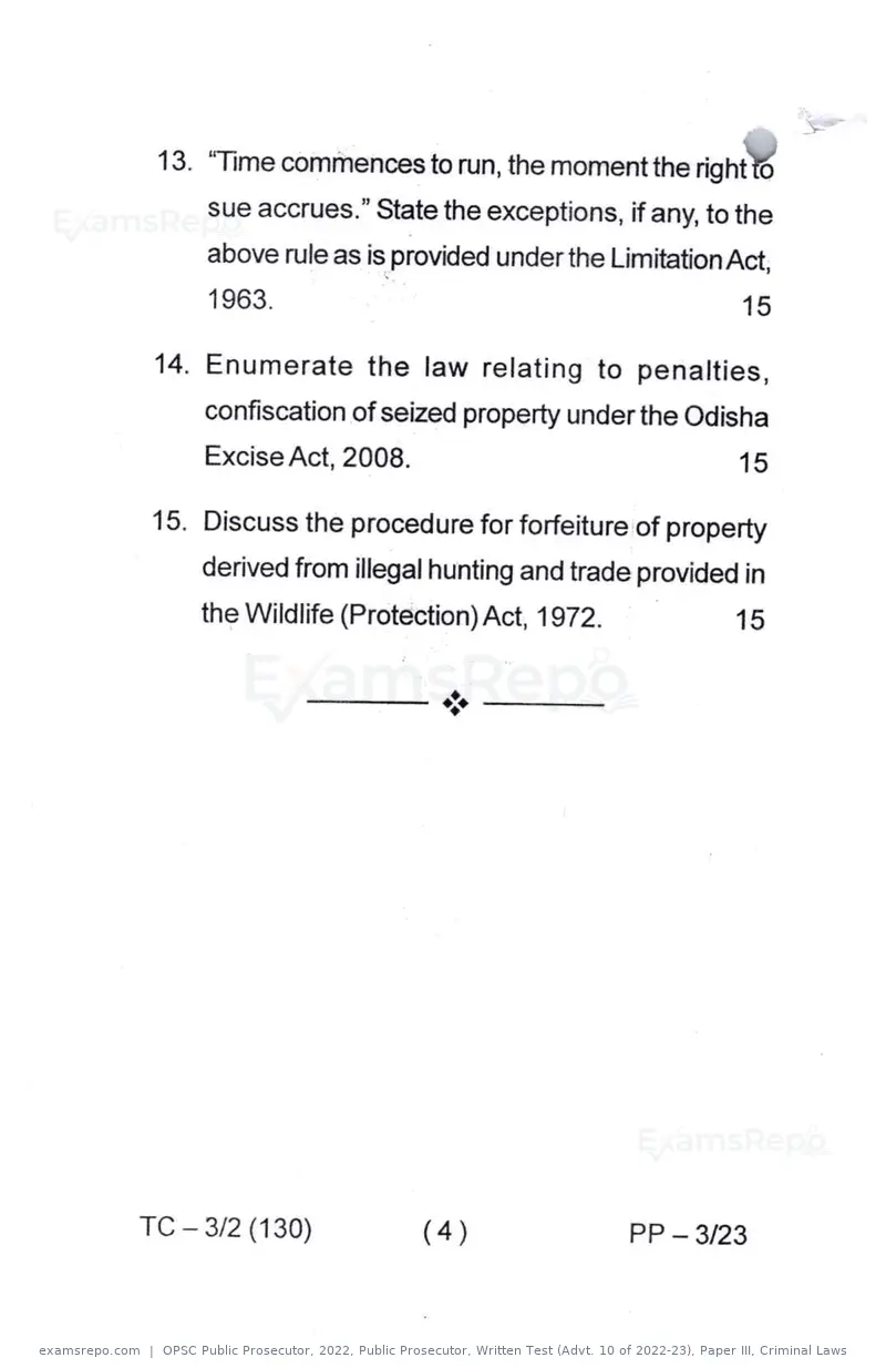 OPSC Public Prosecutor 2022 question paper, Public Prosecutor, Written Test (Advt. 10 of 2022-23), Paper III, Criminal Laws, page 4 of 4