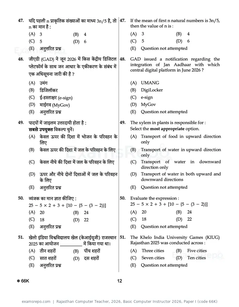 Rajasthan Computer Teacher 2026 question paper, Basic Computer Instructor 2026, Paper I (code 66K), page 12 of 28