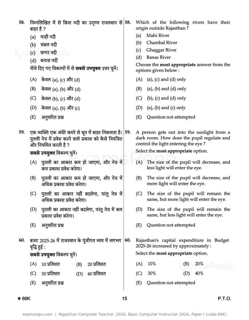 Rajasthan Computer Teacher 2026 question paper, Basic Computer Instructor 2026, Paper I (code 66K), page 15 of 28