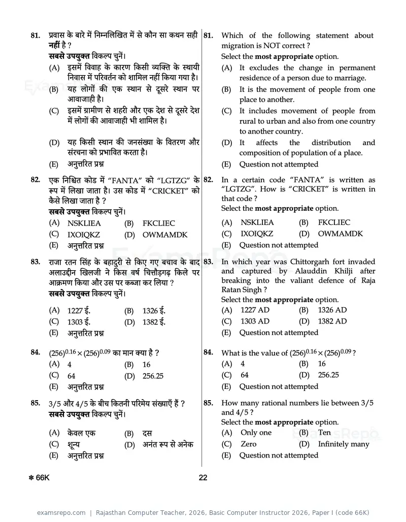 Rajasthan Computer Teacher 2026 question paper, Basic Computer Instructor 2026, Paper I (code 66K), page 22 of 28