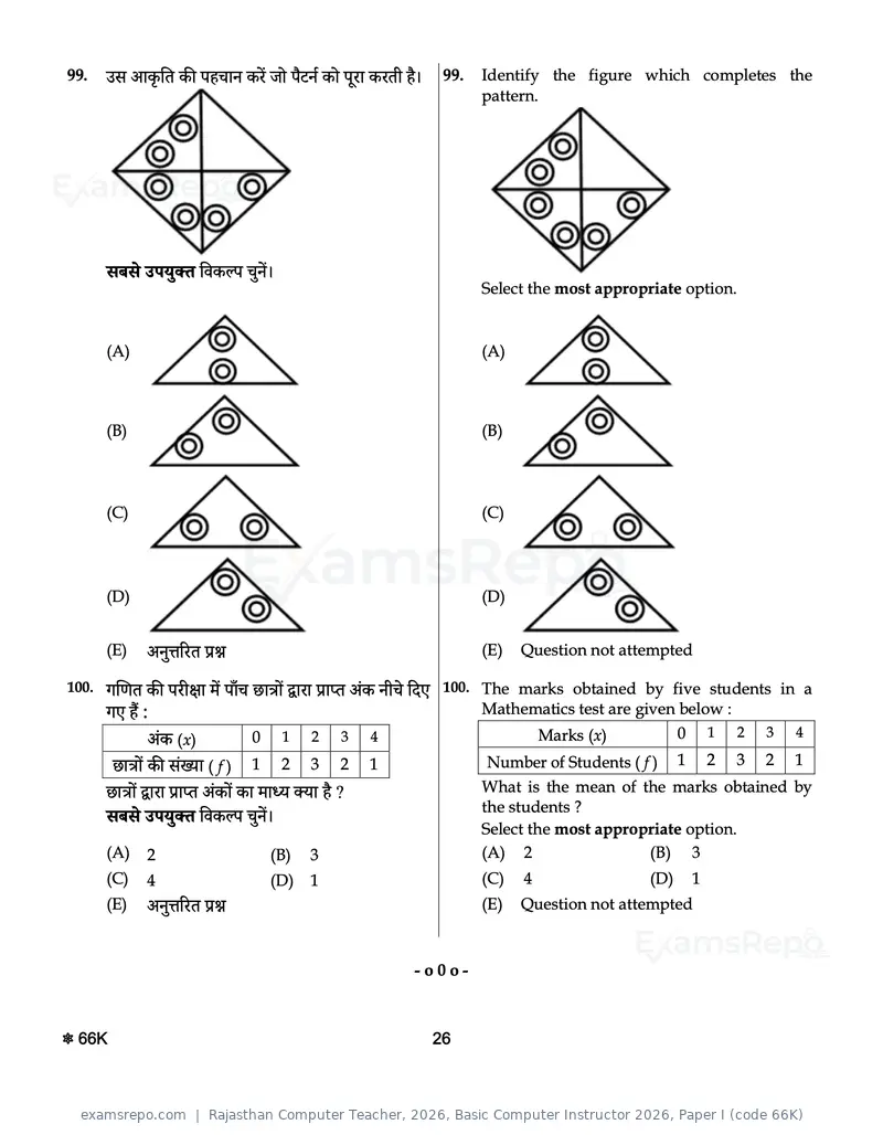 Rajasthan Computer Teacher 2026 question paper, Basic Computer Instructor 2026, Paper I (code 66K), page 26 of 28