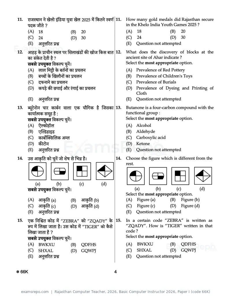Rajasthan Computer Teacher 2026 question paper, Basic Computer Instructor 2026, Paper I (code 66K), page 4 of 28