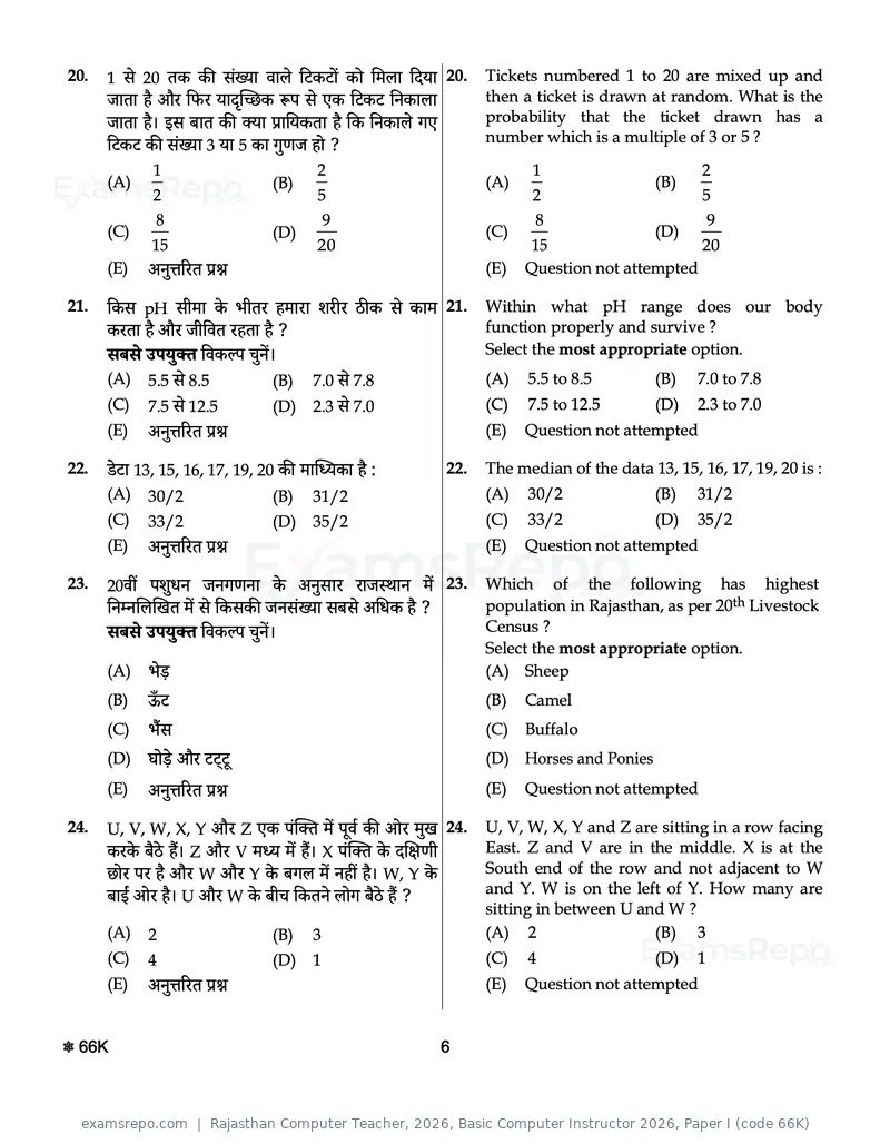 Rajasthan Computer Teacher 2026 question paper, Basic Computer Instructor 2026, Paper I (code 66K), page 6 of 28