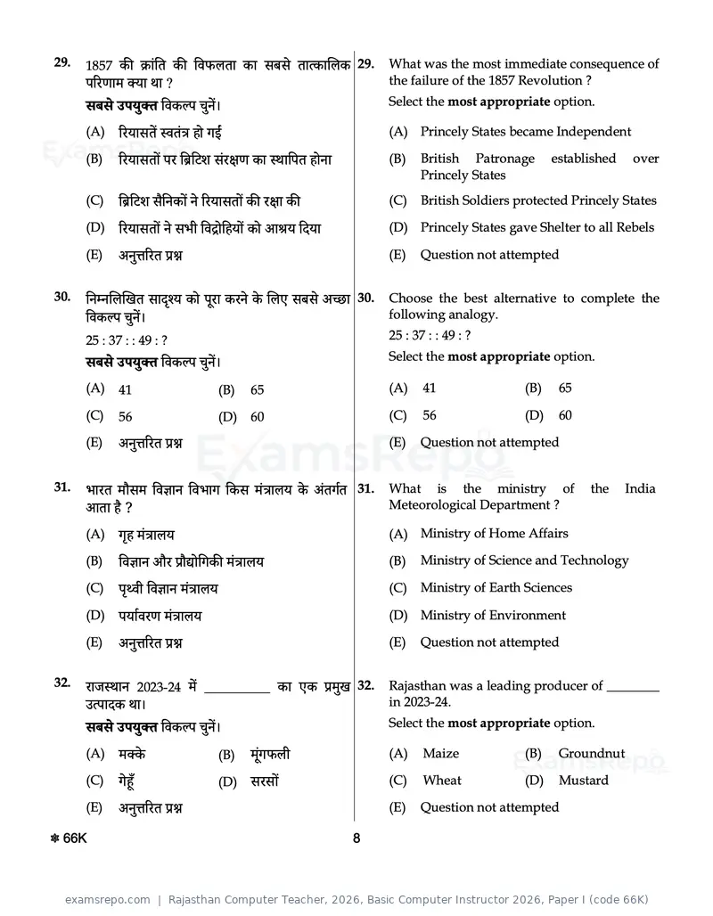Rajasthan Computer Teacher 2026 question paper, Basic Computer Instructor 2026, Paper I (code 66K), page 8 of 28