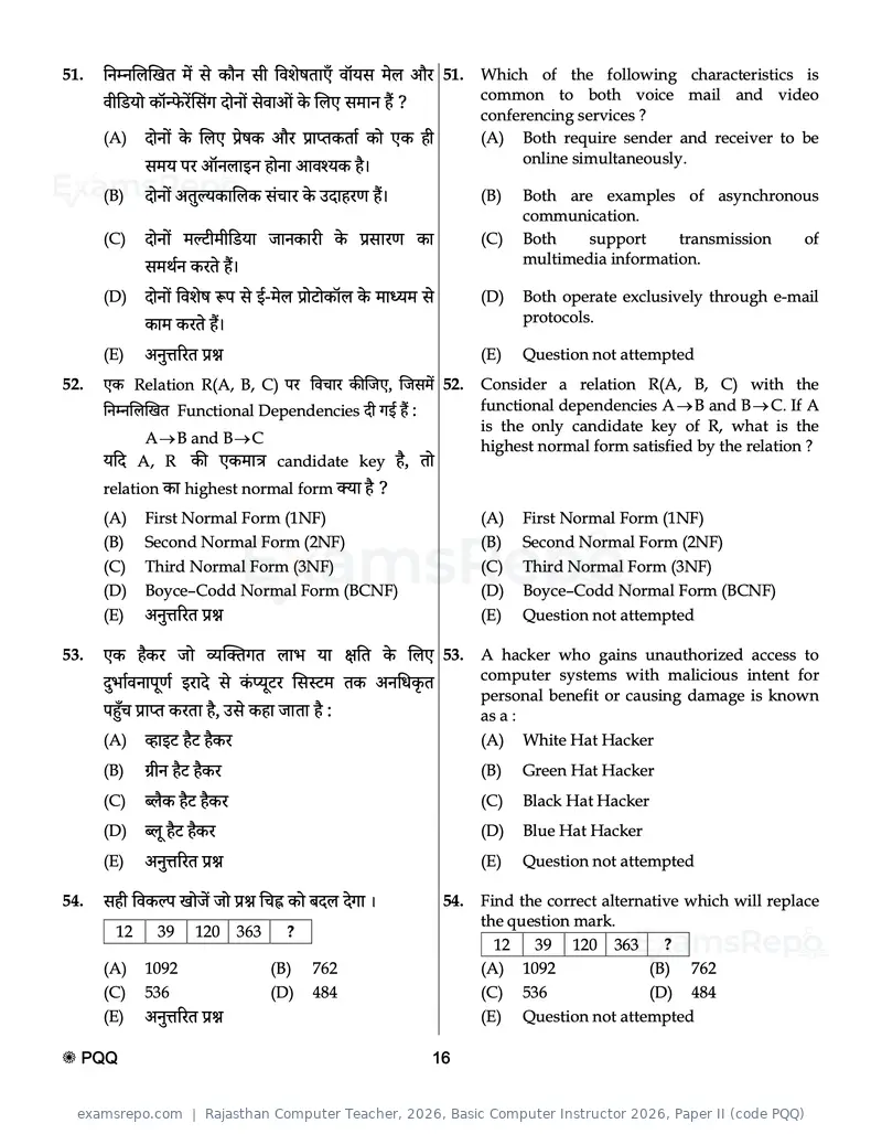 Rajasthan Computer Teacher 2026 question paper, Basic Computer Instructor 2026, Paper II (code PQQ), page 16 of 32