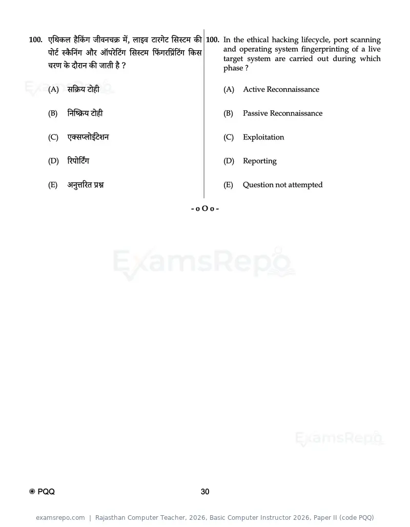 Rajasthan Computer Teacher 2026 question paper, Basic Computer Instructor 2026, Paper II (code PQQ), page 30 of 32