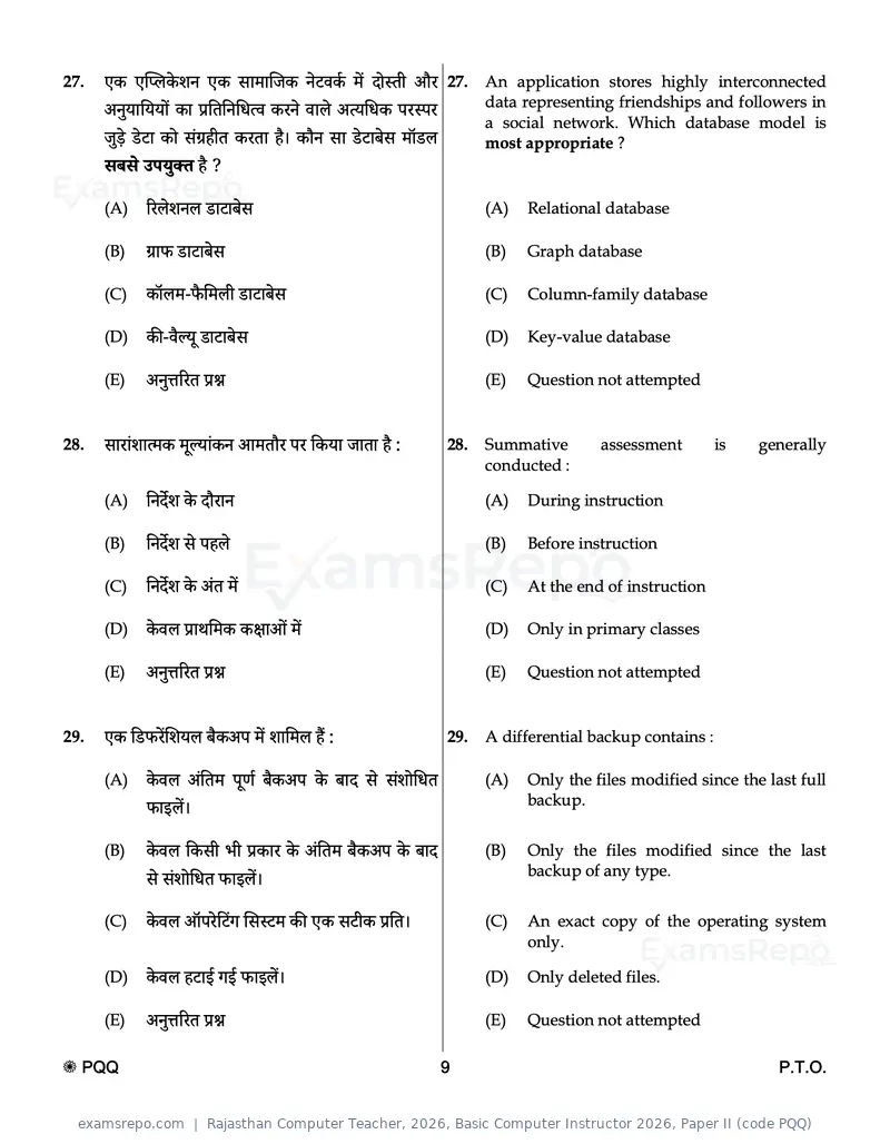 Rajasthan Computer Teacher 2026 question paper, Basic Computer Instructor 2026, Paper II (code PQQ), page 9 of 32