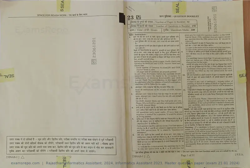 Rajasthan Informatics Assistant 2024 question paper, Informatics Assistant 2023, Master question paper (exam 21.01.2024), page 1 of 16