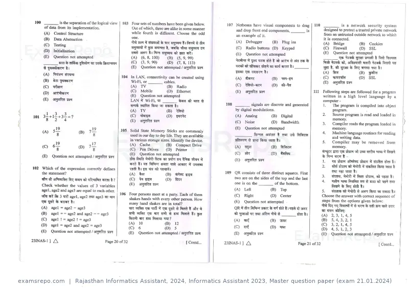 Rajasthan Informatics Assistant 2024 question paper, Informatics Assistant 2023, Master question paper (exam 21.01.2024), page 11 of 16