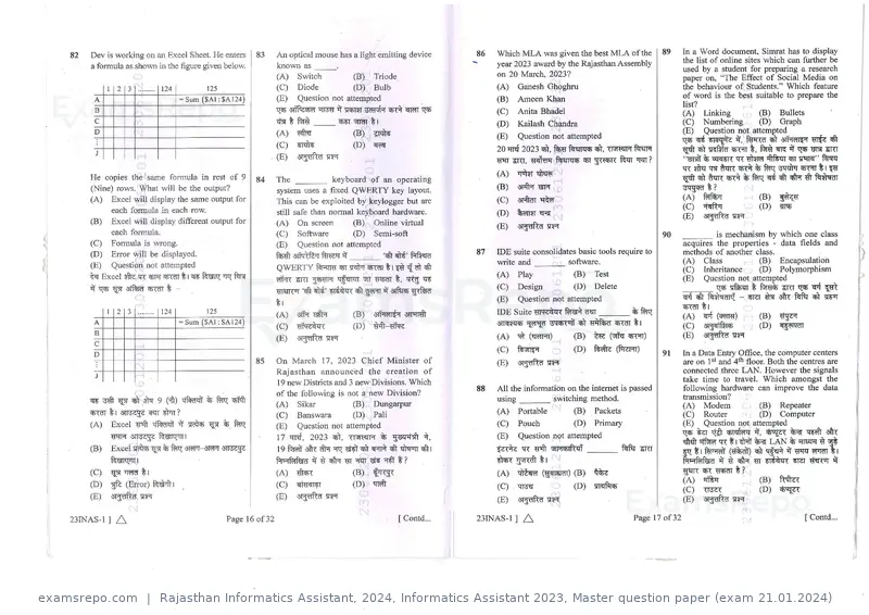 Rajasthan Informatics Assistant 2024 question paper, Informatics Assistant 2023, Master question paper (exam 21.01.2024), page 9 of 16