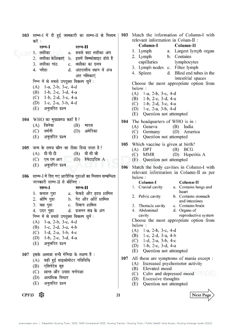 Rajasthan Nursing Tutor 2025 question paper, NHM Contractual 2025, Nursing Trainer / Nursing Tutor / Public Health Care Nurse / Nursing Incharge (code 216LZ), page 21 of 32