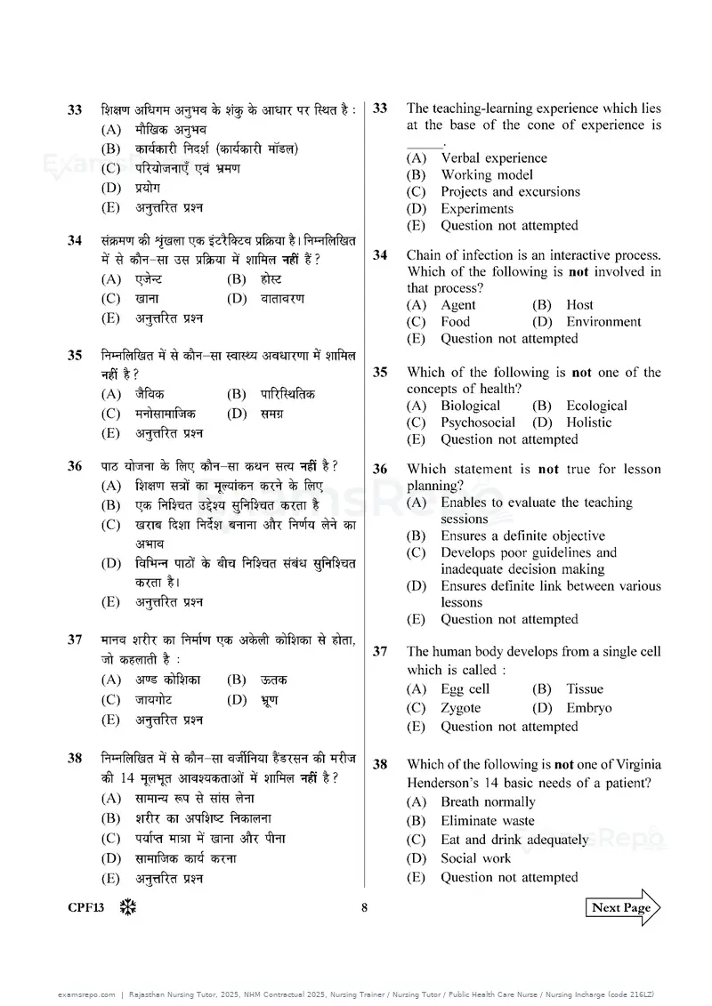 Rajasthan Nursing Tutor 2025 question paper, NHM Contractual 2025, Nursing Trainer / Nursing Tutor / Public Health Care Nurse / Nursing Incharge (code 216LZ), page 8 of 32