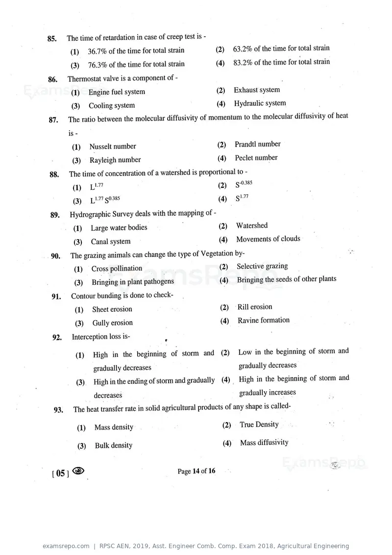 RPSC AEN 2019 question paper, Asst. Engineer Comb. Comp. Exam 2018, Agricultural Engineering, page 14 of 16