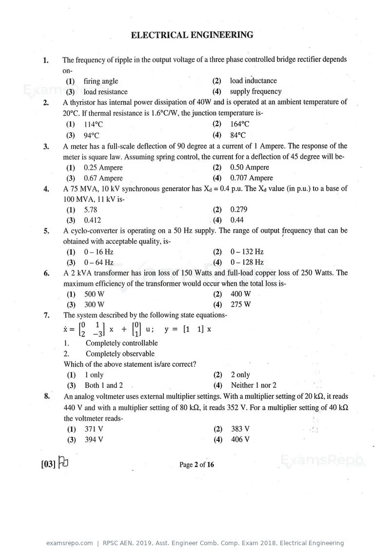 RPSC AEN 2019 question paper, Asst. Engineer Comb. Comp. Exam 2018, Electrical Engineering, page 2 of 16