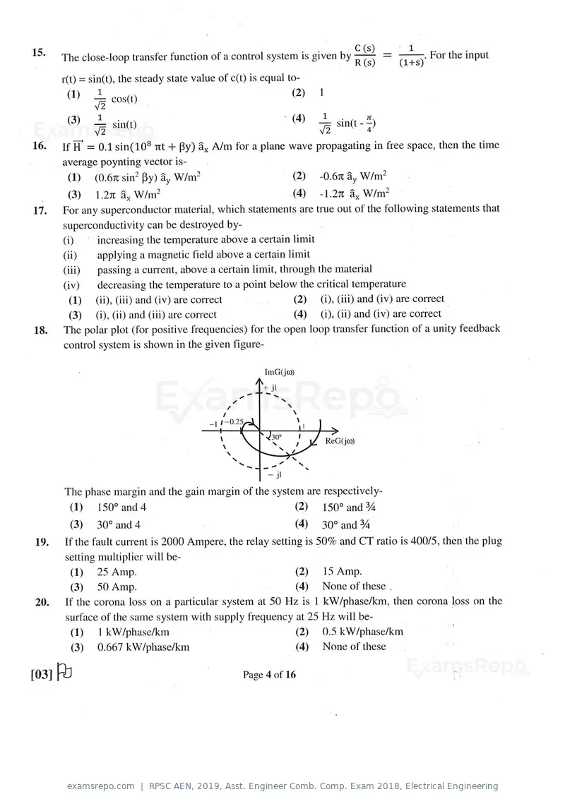 RPSC AEN 2019 question paper, Asst. Engineer Comb. Comp. Exam 2018, Electrical Engineering, page 4 of 16