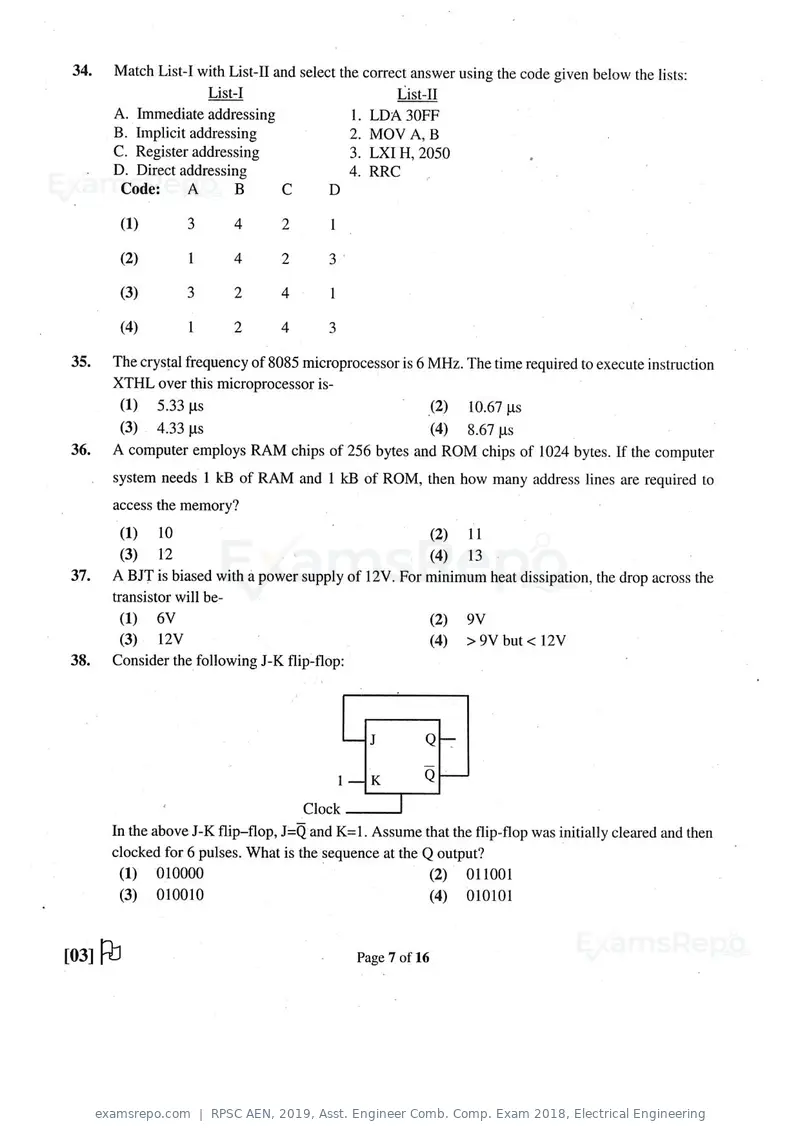 RPSC AEN 2019 question paper, Asst. Engineer Comb. Comp. Exam 2018, Electrical Engineering, page 7 of 16